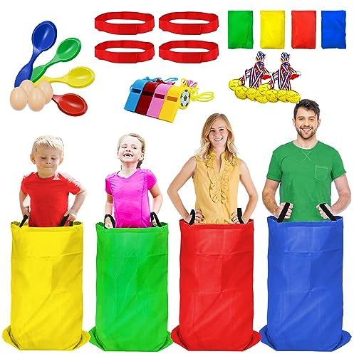 Potato Sack Race Bags - 32PCS Outdoor Games Sack Race Bags for Adults and Kids,3 Legged Race Bands,Egg Spoon Relay Race,Bean Bag Toss,Party Games for Kids,Field Day Games for Adults