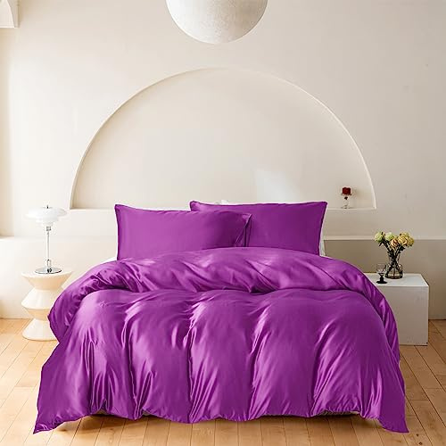 Wotcsil Ensemble de Housse de Couette Satin de Soie 220x240 Pourpre Literie Satin Parure de Lit Unie Ensembles de Literie Linge de Lit en Satin Luxe Unie Polyester Satiné Brillant