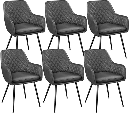 Yaheetech Esszimmerstühle 6er Set Küchenstühle, Polsterstühle mit Armlehnen Metallbeine, Seesel aus Kunstleder für Arbeitszimmer/Wohnzimmer, Dunkelgrau, Kunstleder