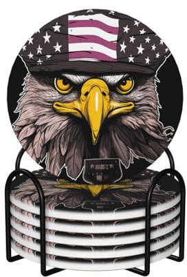 Keramik-Untersetzer für Getränke, runde Form, Getränkeuntersetzer mit Metallhalter, US-amerikanische Flagge, Adler, Keramik-Untersetzer, 6 Stück, Getränkeuntersetzer, Unterseite aus Kork,
