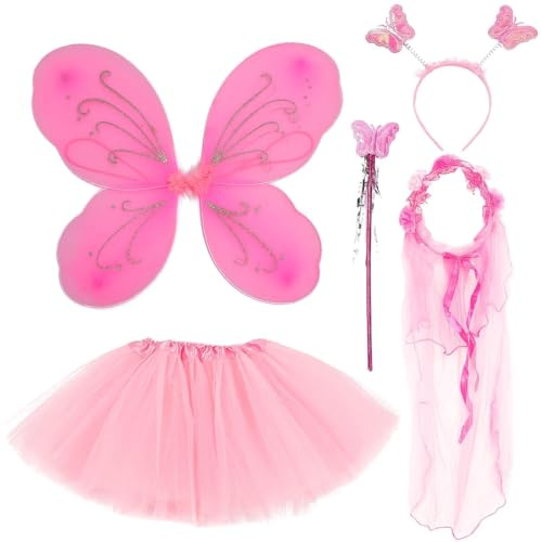 BDSHUNBF 5 Pcs Feen kostüm, Feenflügel Schmetterling Kostüm,Schmetterlingsflügel Tutu Zauberstab und Haarreifen,Fee Kostüm Damen Schmetterling Flügel