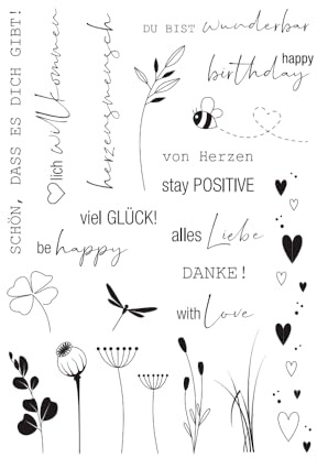 VBS Silikonstempel Be Happy 23 Stk Stempelset Motivgröße 1.5-10.5 cm für Grußkarten Einladungen Scrapbooking Geschenkverpackungen Papiertüten Tags aus Silikon Motivstempel Reinigung empfohlen
