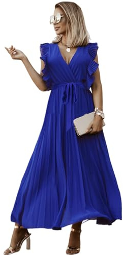 HEYPORK Damen Frühling Sommer Kleider Bequem Lässig Kleid Mode Elegant Röcke Frauen Temperament Langes Kleid Geraffte Ärmel Chiffon Faltenrock Feste Farbe Kleider(Blau, L)