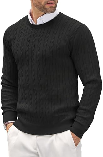 COOFANDY Jerseys para Hombre Cuello Redondo Manga Larga Jersey de Punto Suéter de Invierno Jerseys de Trabajo Suéteres Lisos Pullover Suéter de Vestir Slim Fit, Negro, L