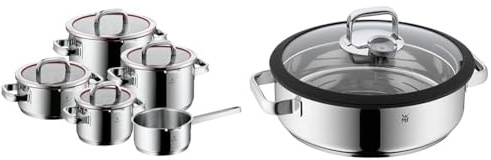 WMF Function 4 - Batería de Cocina, 5 Piezas con Tapas Acero Inoxidable Cromargan, Apta & Vitalis - Fuente Redondo de Cocción al Vapor 28 cm Diámetro, Tapa de Cristal con Borde de Silico