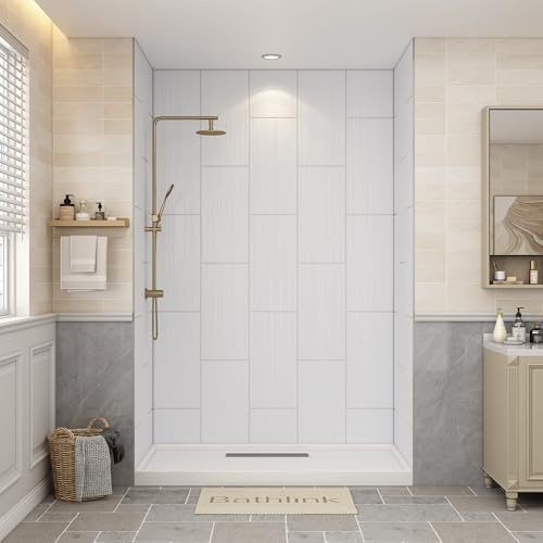 Bathlink Shower Wall Panels Waterproof, 32D x 60W x 96H, Solid Surface Shower Wall Panels, Shower Surround Wall Kit, White Wood Grain Finish, 1/8 (3mm) Thick, Trimmable