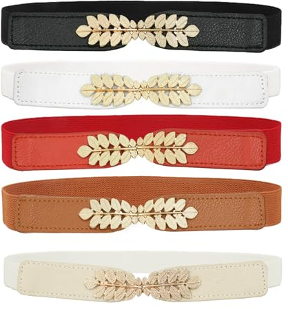 Auptiz 5 pièces ceinture élastique pour femmes, ceinture fine décorative élégante à la mode pour robe extensible pour femmes (rouge blanc noir marron beige)