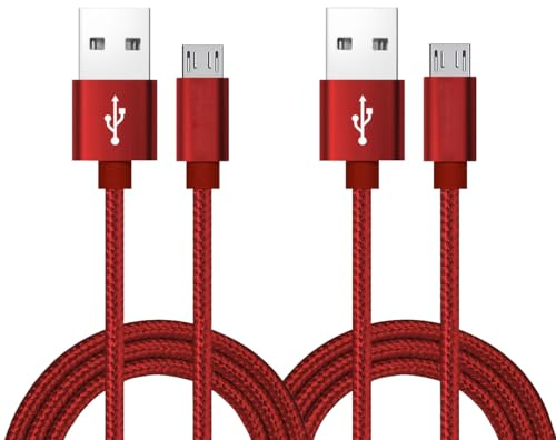 ROFICORD Lot de 2 câbles micro USB, 1,8 m, chargeur Android, en nylon tressé, haute vitesse, USB 2.0 A vers Micro B, câble de charge universel pour HTC, S6, Kindle, Android et plus (Rouge, 1,8M)