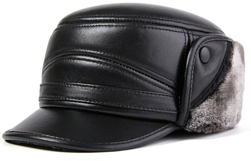Vnook Leder Baseballmütze Herren - Verstellbare Baseballkappe Aus Echtem Fliegermütze Bomber Hut Warm Trapper Mütze Kunstfellmütze Wintermütze Mit Ohrenklappen Pilotenmütze Schirmmüt(Gray,XXL)