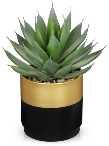 Hollyone Sukkulenten Pflanzen Künstliche Aloe Vera Pflanze, Faux Sukkulenten in Gold Schwarz Keramiktopf, Getopfte Fake Aloe Pflanze für Home Office Badezimmer Tisch Schlafzimmer Regal Dekor 20cm