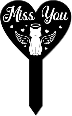 GLOBLELAND Heart Shaped Angel Cat Love Garden Stake Memorial Remembrance Plaque Stake for Cemetery Acrylic Grave Stake Waterproof Sympathy Garden Stake for Yard Grave Cemetery
