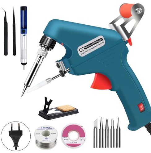 Roadtime 60W Elektronik Lötpistole Kit, Automatische Soldering Gun Lötkolben Set,mit 5 Lötspitzen,Tweezers,Lötdrähte, Halterung und Kreuzschlitzschr,Handheld Schweißpistole Zinnpistole Löt