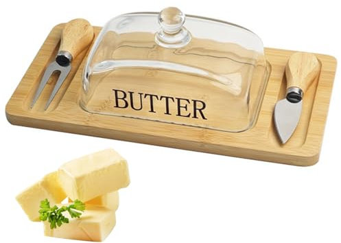 Pasdrucn 28.5x14.5cm Butter Dish with Butter Knife and Fork, Glass Butter Dish with Airtight Lid, Bamboo Glass Cheese Bell, Small Butter Dish, Glass Cheese Bell, Butter Dish for 250g Butter (A)