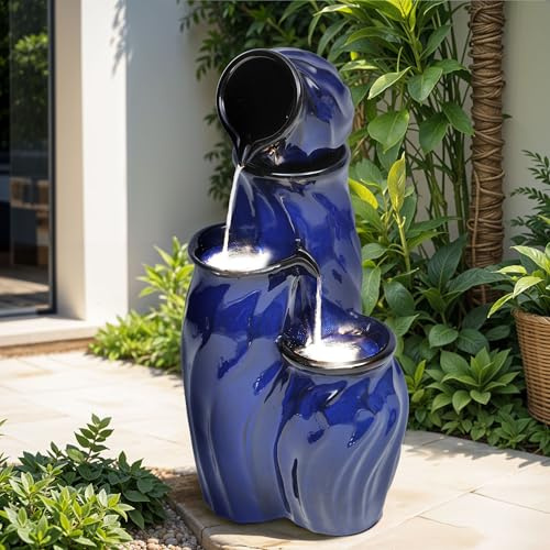 Ultym 29 Tall Ceramic Water Fountain Outdoor with LED Lights, 4-Tier Cascading Waterfall Garden Fountain, Ideal for Serene Relaxing Patio, Yard or Porch, Cobalt Blue Glaze, Dynamic Wave-Texture