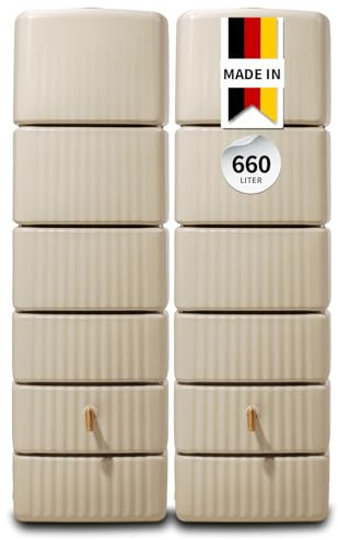 4rain Slim Regentonne Set 660 L, sandbeige, 2X Slim 330 L, inkl. Verbinder - Wandtank, Wassertank, Regenfass, Regenwassertonne, Wasserbehälter, Fass, Regenwassertank, Wasserfass, Wassertonne