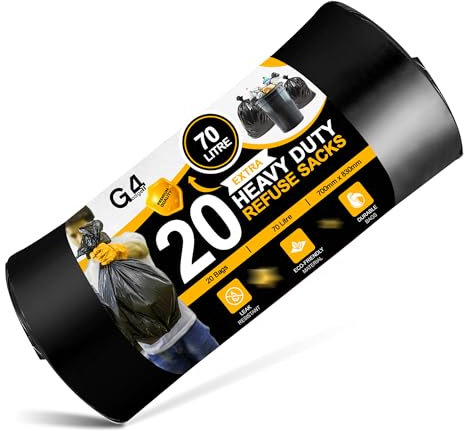 G4GADGET 70L Bin Bags (Pack of 20) – Extra Strong Black Refuse Sacks, Tear-Resistant Bin Liners for Household, Garden, Office, Kitchen, Office Waste