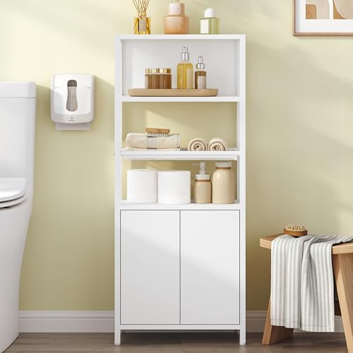 Hzuaneri Badezimmerschrank Badschrank mit 2 Türen & offenem Regal, Küchenschrank, Belüftete Metallgitter-Ablage, Verstellbares Regal, für Badezimmer, Wohnzimmer, 20 x 38 x 90cm Weiß BC42903W