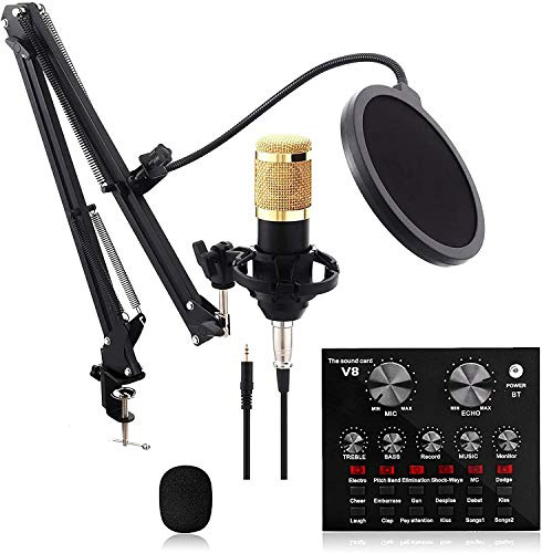 RUHEN Microphone Kit with Live Sound Card,Podcast Microphone Kit,Studio Recording Microphone Set,Adjustable Microphone Stand,Suitable for Computers And Phones,Youtube,Games,Recording