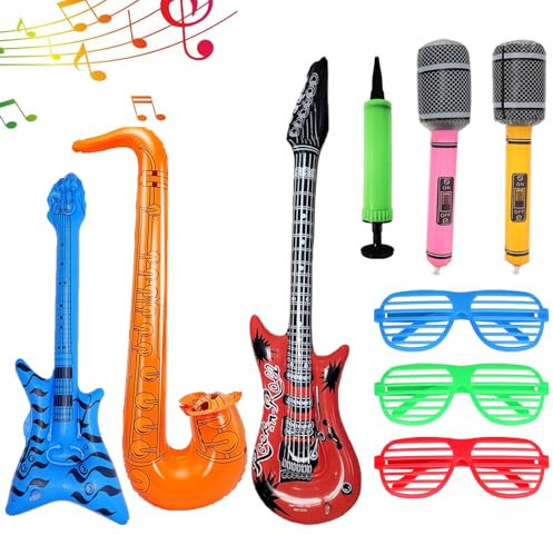 LIUYIDM Chitarra Elettrica Bambini 9 Pezzi, Strumenti Musicali Gonfiabili, Microfono Bambini, Chitarra Giocattolo, Adatto per Feste, Bomboniere Rock, Feste di Compleanno