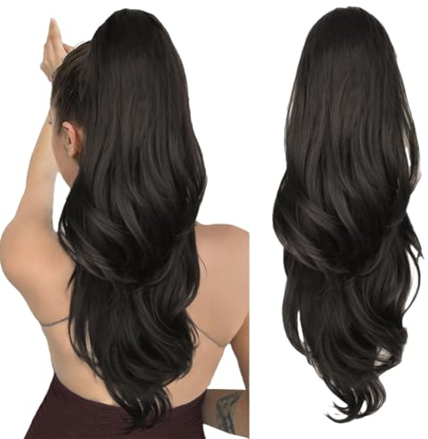 AOWVUTS Coda Cavallo Extension con Coulisse 65cm Lunga Ondulati Ricci Mossi Coda di Cavallo Sintetici Finta Capelli Posticci Extension Capelli per Donne Uso Quotidian (Nero)