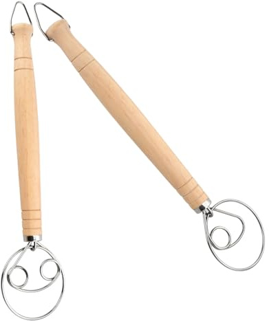2 Stück Dänischer Teigbesen Original, Dänische Teig Schneebesen Edelstahl, Eierschläger mit Holzgriff, Danish Dough Whisk/Hook für Brot, Teig, Kuchen, Gebäck (2 Größen inbegriffen)