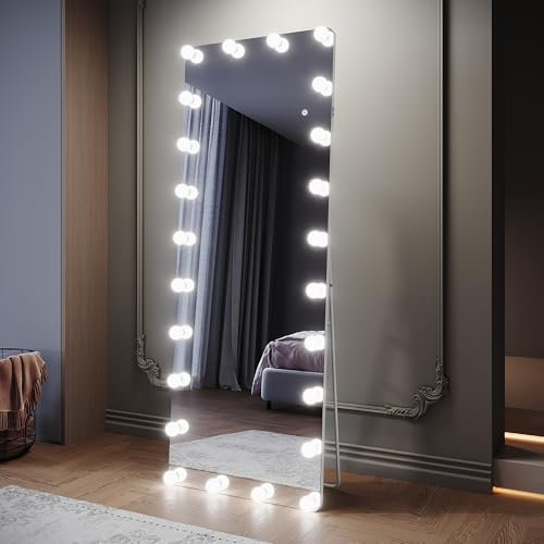 SIRHONA Miroir sur Pied LED 160x60cm, Miroir Pleine Longueur avec 26 Ampoules Détachables 3 Couleurs, Dimmable, Mémoire, Port USB, Montage Accrocher ou Placer, Antichute