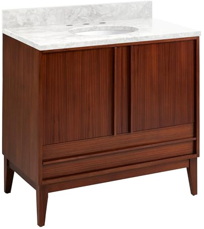 Signature Hardware 955207-36-UM-3 Sybill 36 Freestanding Mahogany Single Basin Vanity Set with Cabinet, Vanity Top, and Oval Porcelain Sink - 8 Faucet Holes - Washed Walnut/Carrara