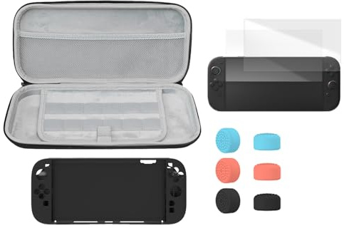 CERFFOOL Protective Case Kit for Nintendo Switch 2 Black Silicone Protective Case + Carrying Case + 2 PCS Screen Protector + Set of 6 Joystick Caps for Replacement Accessories