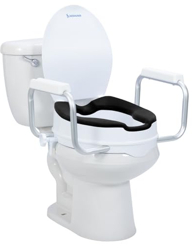 XIAOSHUNER Raised Toilet Seat with Handles for Seniors - Adds 5 Inch - Elevated Toilet Seat Riser with Cushion - Supports 300 lbs - for Standard/Round Toilet - Includes Lid, Black
