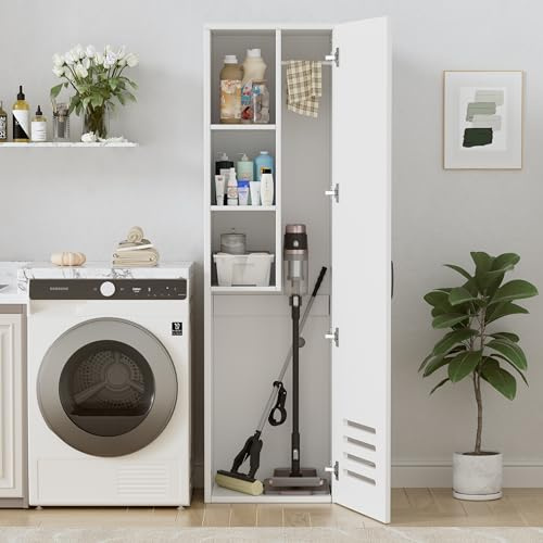 Armadietto per Scopa e Paletta,Armadio Multiuso per Scope, Pratico Armadio per Aspirapolvere con Ripiani e Asta, Ventilazione,Armadietto per la Pulizia in Legno,Mobile Porta Scope,160*40*30cm,Bianco