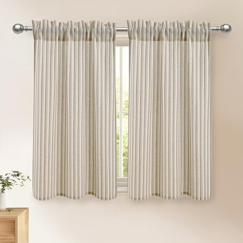 DWCN Lot de 2 rideaux en résille aspect lin court à rayures taupe H 120 x l 60 cm - Rideaux de cuisine - Rideau de bistrot moderne avec tringle - Style maison de campagne - Rideau de placard