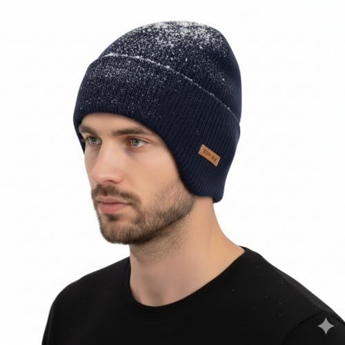 TOP-EX Winter Merino Wolle Beanies Hüte für Männer Ohrklappen Fleece gefüttert wasserdicht Kaltes Wetter Warm Big Head Ski Outdoors Dunkelblau Groß XL XXL