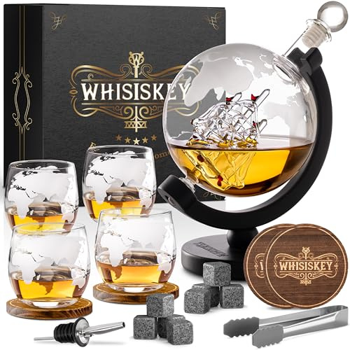 WHISISKEY - Whiskey Decanter Set - 900ML Globe Carafe - Whiskey Gift Sets for Men - Whisky Set - Glass Gifts for Men - Inc. 4 Whiskey Glasses, 8 Whiskey Stones, Accessories