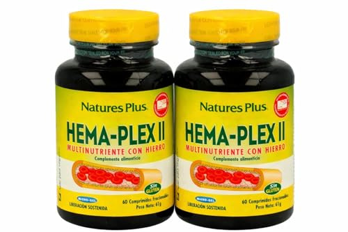 Nature´s Plus HEMA-PLEX II | Pack 2 x 60 Comprimidos | Hierro Suplemento | Acido Folico | Vitaminas B2, B6, B12 | Complemento Alimenticio | Apto para Vegetarianos | Sin Gluten | Sabor Natural