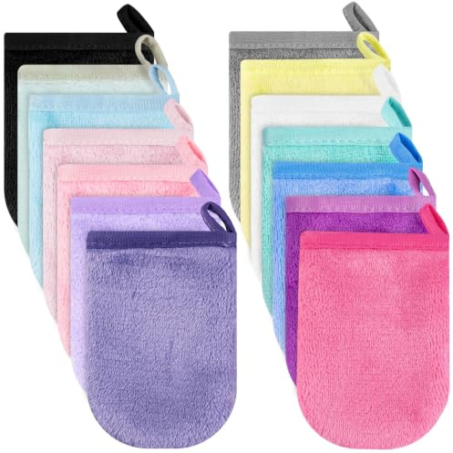 Leikedun Lot de 14 Gants de Douche en Microfibre 13 x 9 cm, Nettoyage du Visage Doux, Super Absorbant en Polaire Corail, Serviette Démaquillante Réutilisable