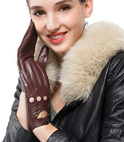 Nappaglo Damen Lederhandschuhe für fahren Touchscreen klassische Lammfell Vollfinger Motorrad Ungefüttert Handschuhe (XL (Umfang der Handfläche:20.3-21.6cm), Dunkelbraun(Touchscreen))