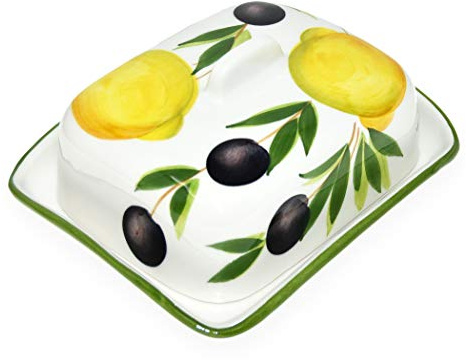 Lashuma Handgemachte Butterdose aus Italienischer Keramik im Zitronen - Oliven Design, Butterbox Größe 18x14 cm