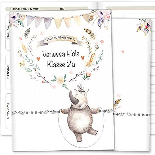 Olgs Hausaufgabenheft Hülle Boho Freunde inkl. Heft Schulheft Schutzhülle Umschlag Geschenkidee Einschulung personalisierbar mit Namen und die Schulklasse (personalisiert, Nashorn)