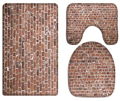 A.Monamour Badezimmer Badematte 3 Teilig Set Wand-Fotografie-Abstrakter Hintergrund Der Wand Der Weinlese-Maurerarbeit des Roten Backsteins Flanell Badteppiche Badvorleger Badgarnitur WC Vorleger
