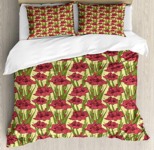 ABAKUHAUS Blume Bettbezug Set für Einzelbetten, Gladiolen Muster, Milbensicher Allergiker geeignet mit Kissenbezug, 200 x 200 cm - 70 x 50 cm, Gelbe Koralle und Grün
