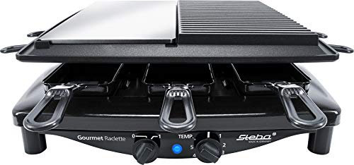 Steba RC 8 Black Steel | MADE IN GERMANY | Wendbare EDELSTAHL-Grillplatte (29,5 x 14,5cm) | Antihaftbeschichtete-Druckguss-Grillplatte (29 x 14,5cm) | 8 emaillierte Pfännchen | Temperatur regelbar