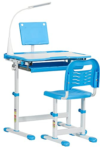 HOMCOM Banco Scuola con Sedia per Bambini 6-12 Anni in Acciaio e MDF Blu