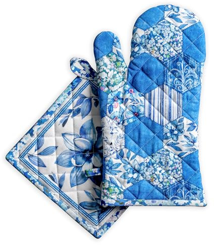 Maison d' Hermine Ensemble manique et Gant de Cuisine 100% Coton (19 x 33 cm et 20 x 20 cm) Gants résistants à la Chaleur pour Manipuler Les Plats Chauds, Printemps-été (Summer Blues)