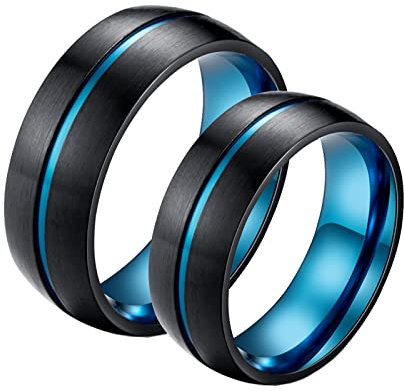 Bishilin Freundschaftsringe Edelstahl für 2, Schwarz Blau Ringe Breit 8MM Damen Gr.65 (20.7) + Herren Gr.62 (19.7) Verlobungsringe Nickelfrei Paar Ringe Set
