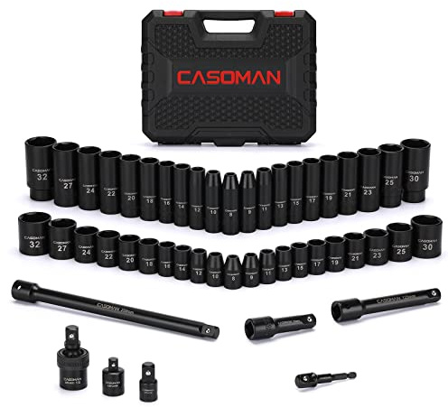 CASOMAN 49PCS 1/2-Inch Drive Impact Socket Set, Deep&Shallow,CR-V, 6 Point, Metric Socket Set, 8mm-32mm, Includes Extension Bars, Adapters, Impact Universal Joint