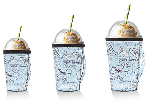 Set di 3 confezioni riutilizzabili calde e ghiacciate maniche per tazza di caffè retrò stile marino in neoprene con motivo nautico (16,24,32 g)