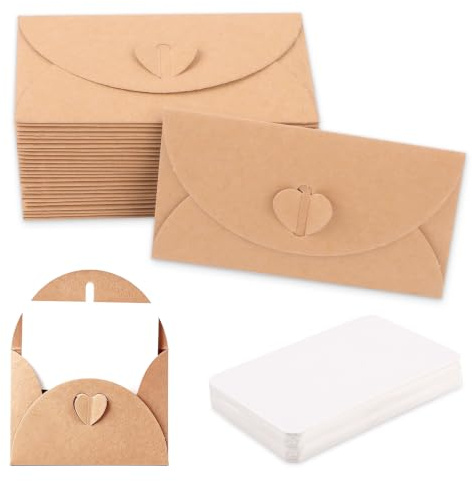 Mini Briefumschläge Set, 30 Stück Kraftpapier Umschläge mit 30Blanko Karten | Kleine Briefumschläge mit Herz Verschluss für DIY, Geschenkkarten(10x6cm)