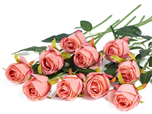 DuHouse 10pcs Artificial Rose Flowers Fake Silk Rose Bouquet(Rose Red) | Faux Silk Rose with Single Long Stem, Autumn Flowers for Wedding Home Party Decoration Centerpieces, Easy to DIY