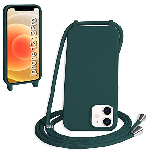 WenBaby Handykette für iPhone 12/iPhone 12 Pro Hülle mit Band,Handyhülle mit Schnur zum Umhängen Silikon Seil Necklace Schutzhülle mit Kordel Tasche Case TPU Bumper- Dunkelgrün