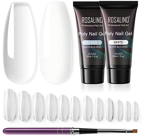 ROSALIND Poly Nagel Gel Kit Transparent Weiß 30ml*2 UV Aufbaugel | UV/LED Nagellack Starter Set mit Nagelbürste und Nägel Tipps, Acrylgel für Nägel Quick Building Nagelverlängerung Gel
